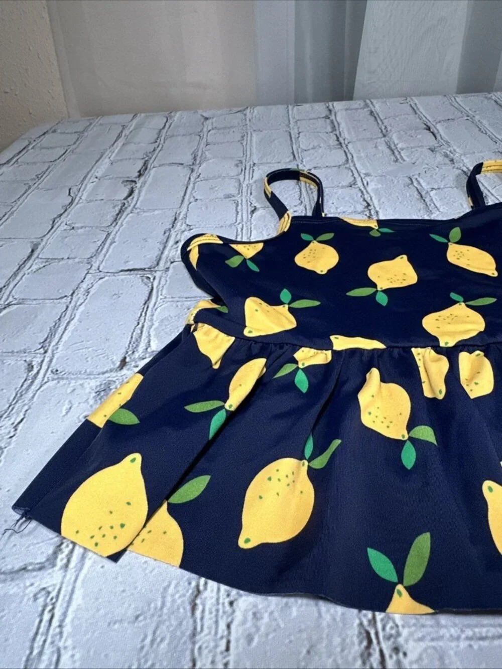 Hanna Andersson Lemon Tankini Swim Top Size 140 CM 10 Navy Blue Yellow Girls